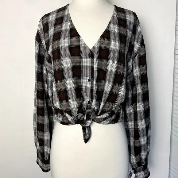 Treasure & Bond Plaid V Neck Button Up Long Sleeved Red White & Brown Boho Shirt - Picture 5 of 7